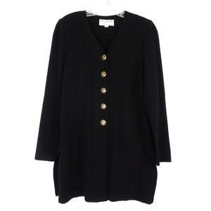 ST. JOHN Black Santana Knit Wool Blend Longline Jacket Cardigan V-Neck Small